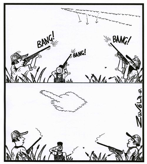 Hunters given the finger bird by birds.