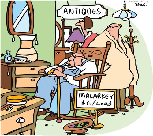 Antiques Shop, old man offers a load of Malarkey