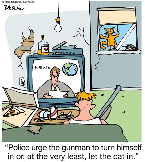 "Police urge the gunman to turn himself in or, at the very least, let the cat in."