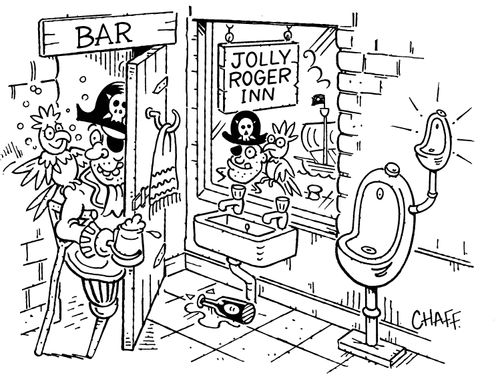 Jolly Roger Inn Toilets - has small parrot urinal on the wall.
