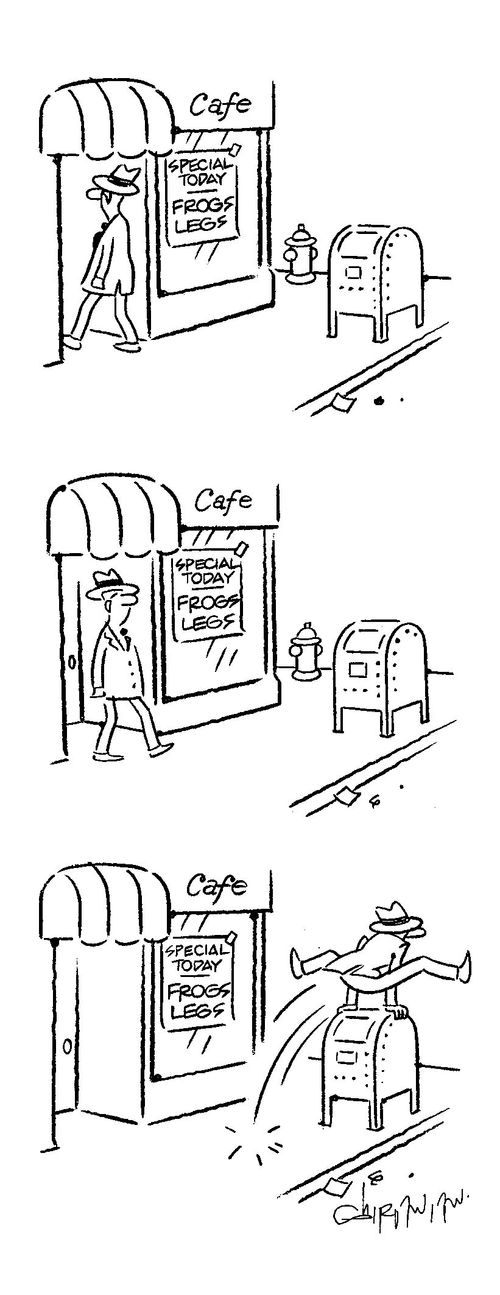 Cafe serving frogs legs - customer comes out jumping.