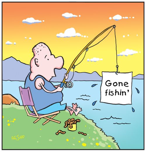 Man sitting on bank with pulling up fishing with sign from fish attached to hook: Gone fishin'.
