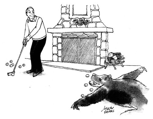 Golfer putting into dead bear