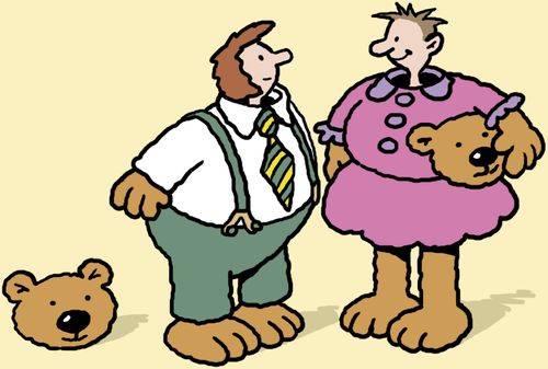 A woman in a male bear suit with a man in a female bear outfit.