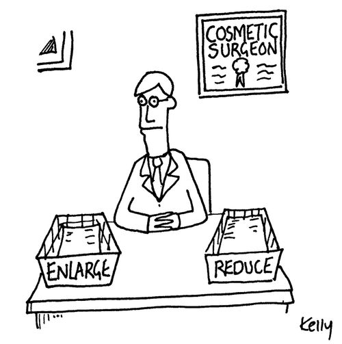 Cosmetic surgeon's in and out tray:'enlarge' and 'reduce'.