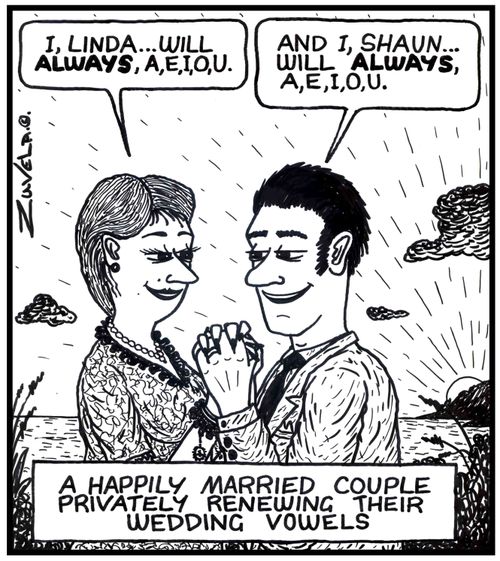 Woman: 'I, Linda...will ALWAYS, A,E,I,O,U.' / Man:'And I, Shaun...will ALWAYS, A,E,I,O,U.' 