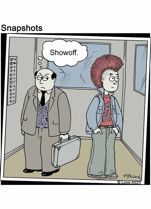Showoff! Bald man envies punk.