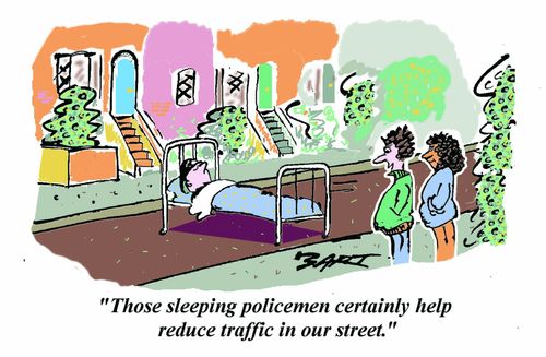 "Those sleeping policemen certainly help reduce traffic in our street."