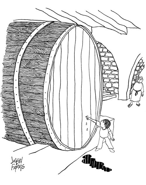 boy plugging leak in a barrel with his finger