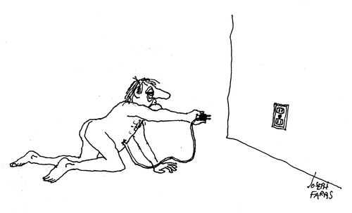 Man tries to plug himself in for a recharge.