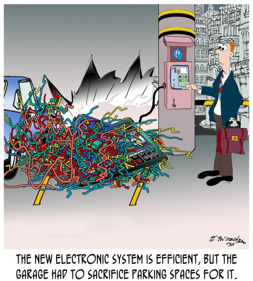 The new electronic system is efficient, but the garage had to sacrifice parking spaces for it.