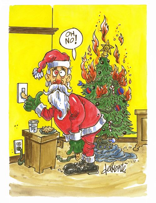 Santa turns on a light and the Xmas tree catches fire says 'On no!'