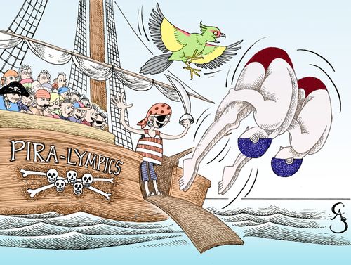 Synchronised swimmers 'walking the plank' of pirate ship.