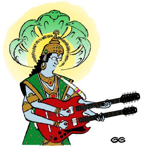 Vishnu playing twin neck guitar.