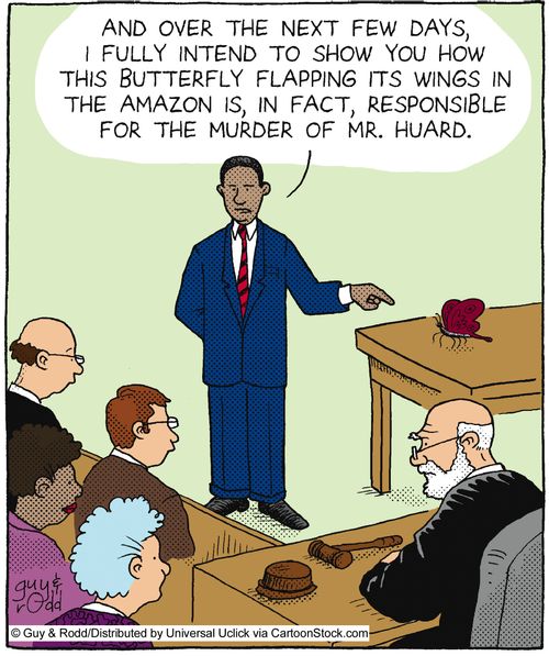 'And over the next few days, I fully intend to show you how this butterfly flapping its wings in the Amazon is, in fact, responsible for the murder of Mr. Huard.'