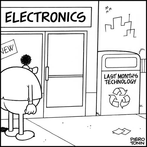 'Last month's technology' bin next to electronics store.
