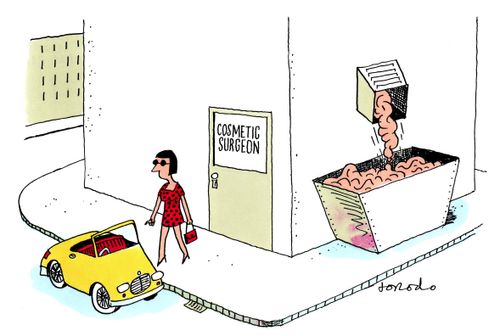 Woman leaves cosmetic surgery as her waste skin is dumped in skip.