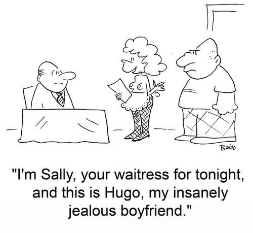 'I'm Sally, your waitress for tonight, and this is Hugo, my insanely jealous boyfriend.'