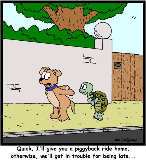 'Quick, I'll give you a piggyback ride home, otherwise, we'll get in trouble for being late...'