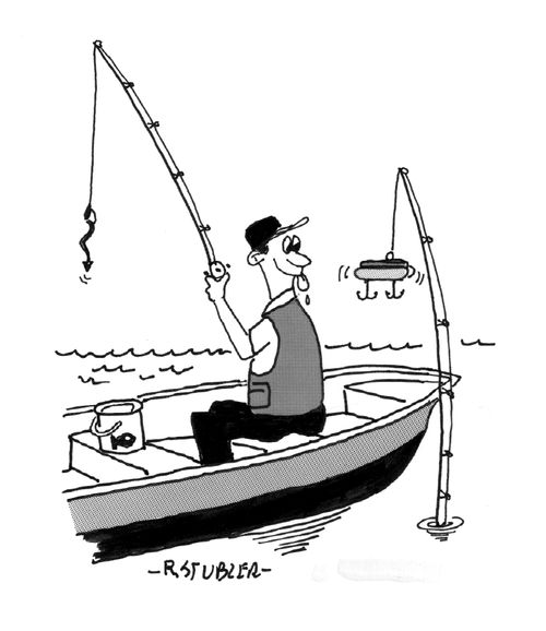 Fisherman in boat tempted by hot dog