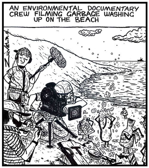 An environmental documentary crew filming garbage washing up on the beach.