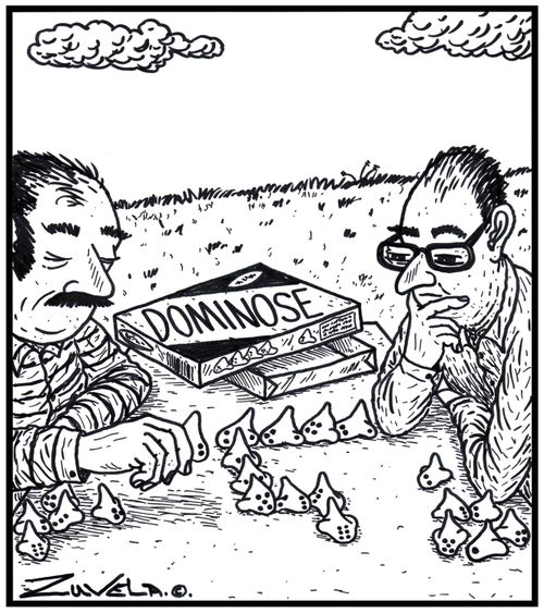 Two men playing a game of Dominose. The game pieces are in the form of noses.