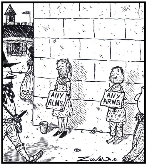 Any Alms Any Arms An arm-less Medieval panhandler.