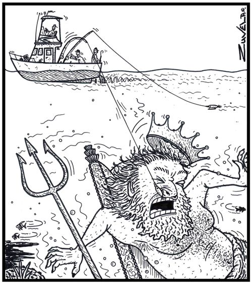 Unaware Fishermen have just hooked King Neptune by the nose with one of their fishing lure lines.