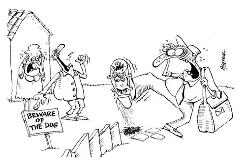 Postman squashing a small dog.
