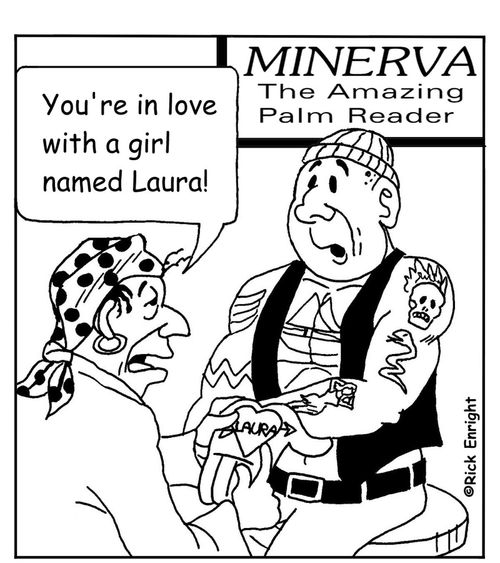 Palm Reader reading 'Laura' heart tattoo on palm 'You're in love with a girl named Laura!' 