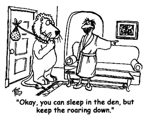 'Okay, you can sleep in the den, but keep the roaring down.'