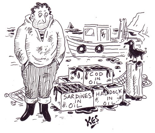 Fisherman selling sardines in oil, haddock in oil, cod in oil etc..