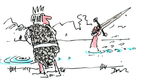 King Arthur pees in the lake where the lady of the lake holds out the sword