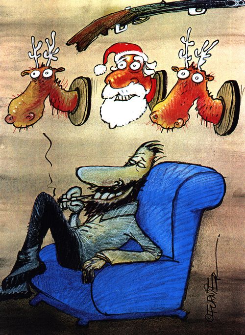 Hunter with Santa Claus as a Trophy