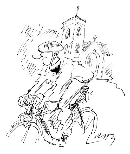 Vicar with a cross on his cycle helmet