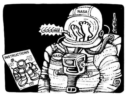 Astronaut putting his space suit on wrong