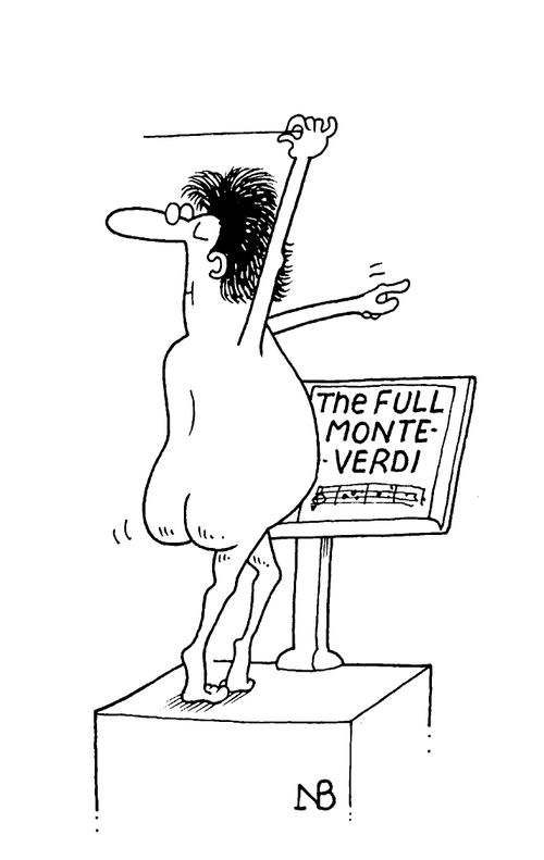 Nude conductor of Orchestra conducting 'The full Monte-verdi'