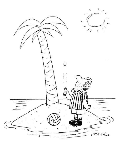 desert island. Referee tosses coin for football game with no players