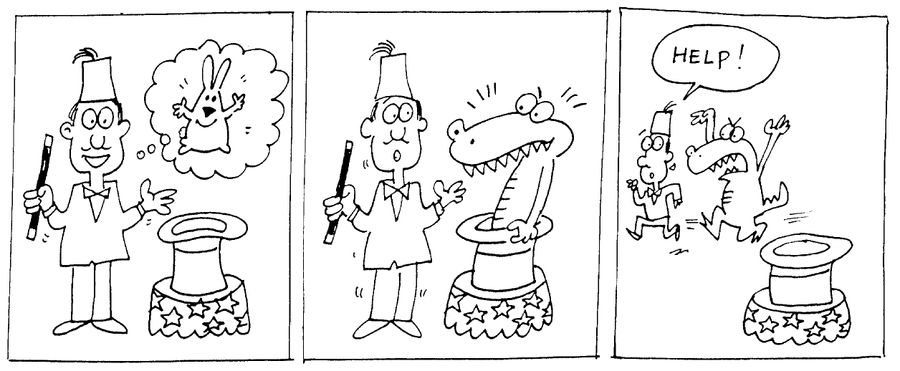 Magician conjures up a crocodile and is chased by it