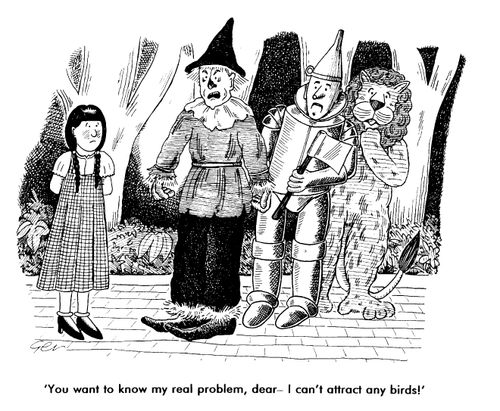 Scene from wizard of Oz, "You want to know my real problem dear-I can't attract any birds!"