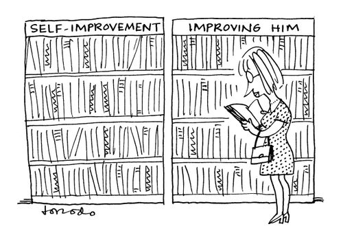 Woman looking in the 'improving him' section rather than the 'self-improvement' section.
