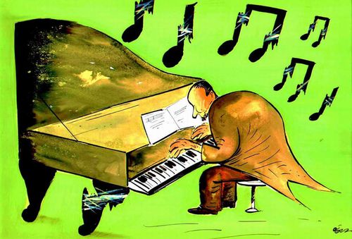 Man playing the piano breaks the piano leg and his notes.