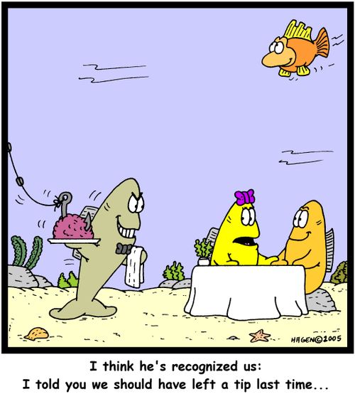 'I think he's recognized us: I told you we should have left a tip last time...'