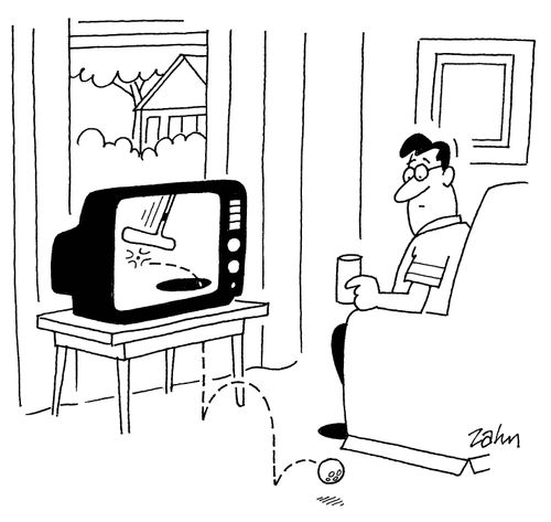 Golf ball hops out of the television.