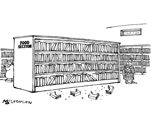 Books in the 'Food Section' of a library have been half eaten.