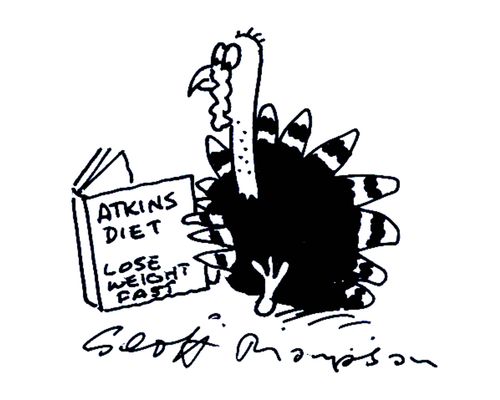 Turkey reading a book on the Atkins diet.
