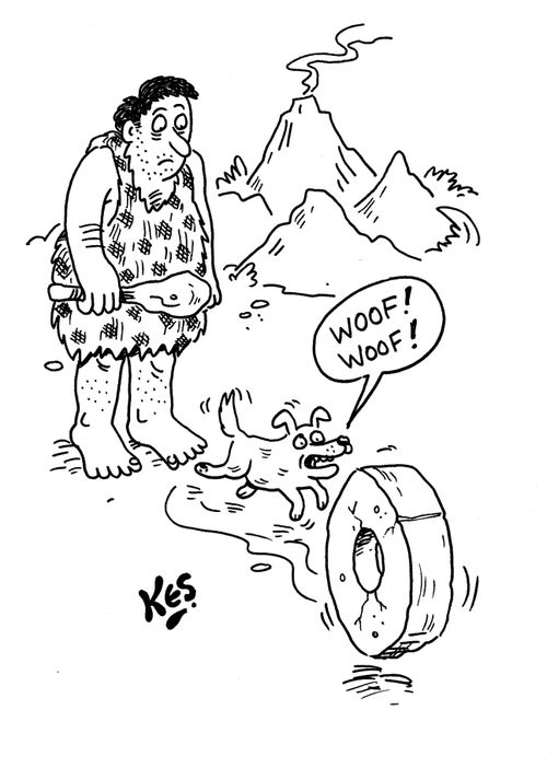 Dog chases caveman's newly invented wheel.