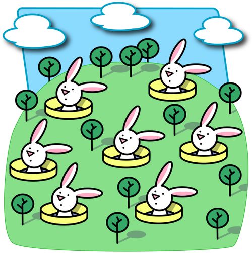 Rabbits popping out of holes on a hillside.