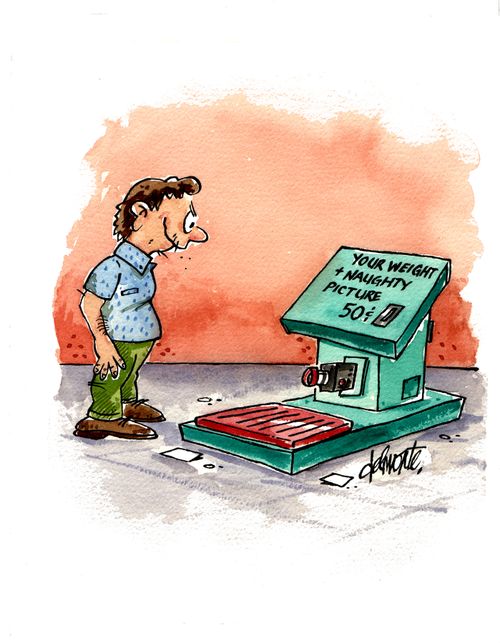 Man smiles at a machine that has a low camera sign: Your Weight And Naughty Picture.