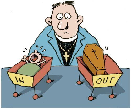 A vicar looks at his in tray and out tray containing a newborn baby and a coffin